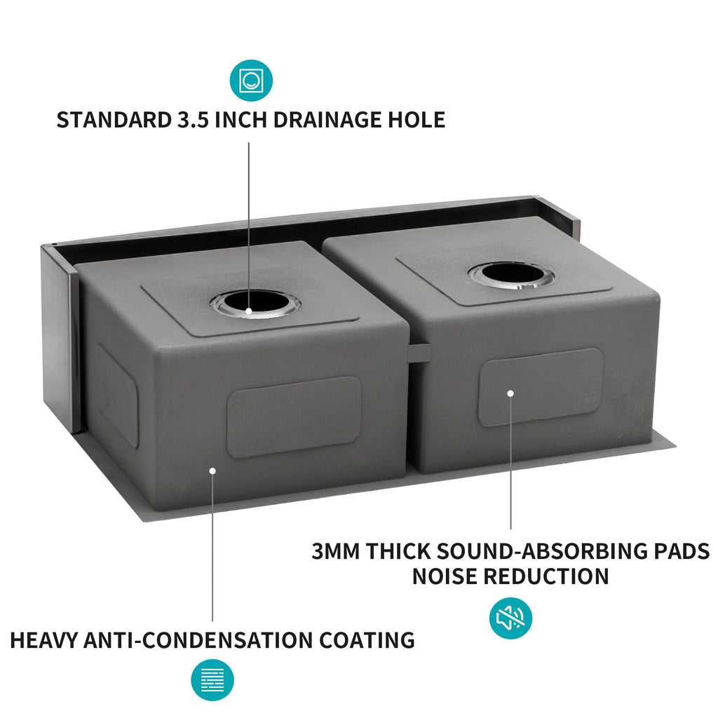 Black Double Bowl Farmhouse Sink with Soundproofing - Stainless Steel