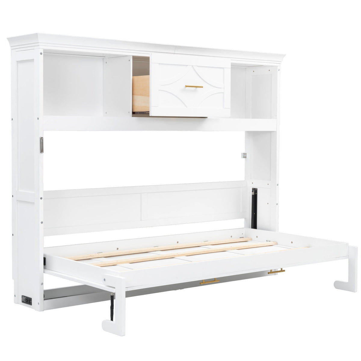 Murphy Bed With Charging Station and Drawer - Twin Storage Bed - White or Light Brown
