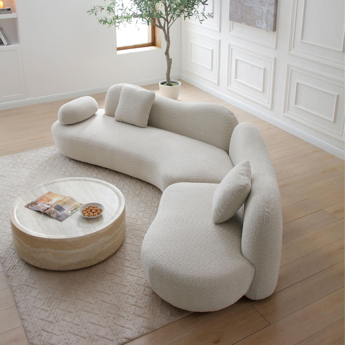 Modern Curved Modular 5 Seater Sofa with Plush Pillows - White or Beige