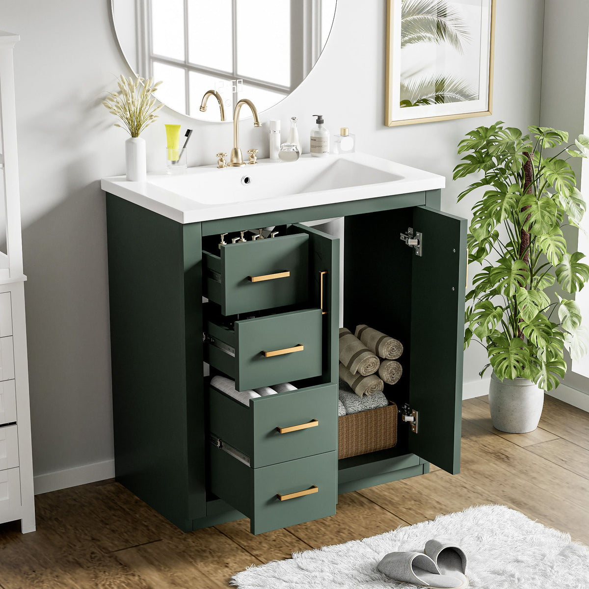 Ceramic Sink Vanity Combo with 3 Drawers and Soft Closing Doors - 30"