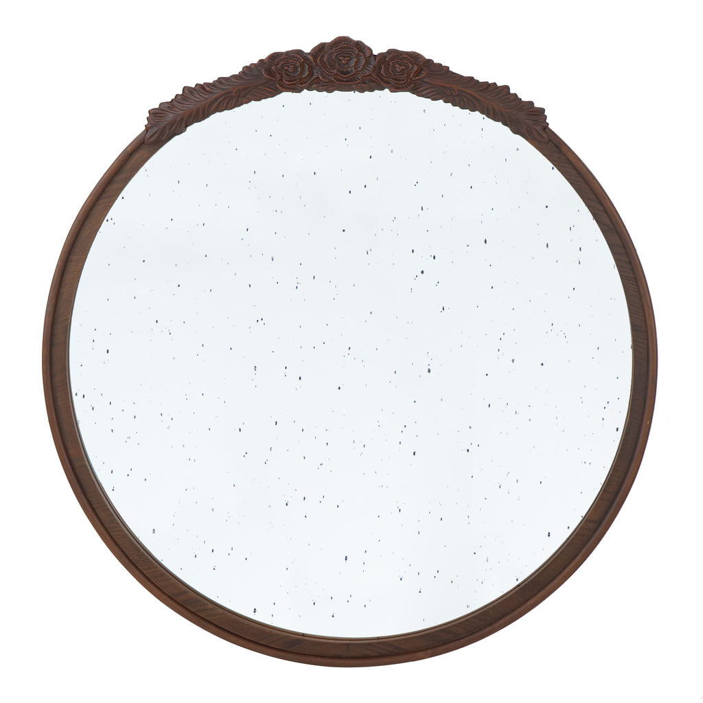 Round Hand Carved Rose Antique Wall Mirror with Intricate Detailing - Light Brown or Black