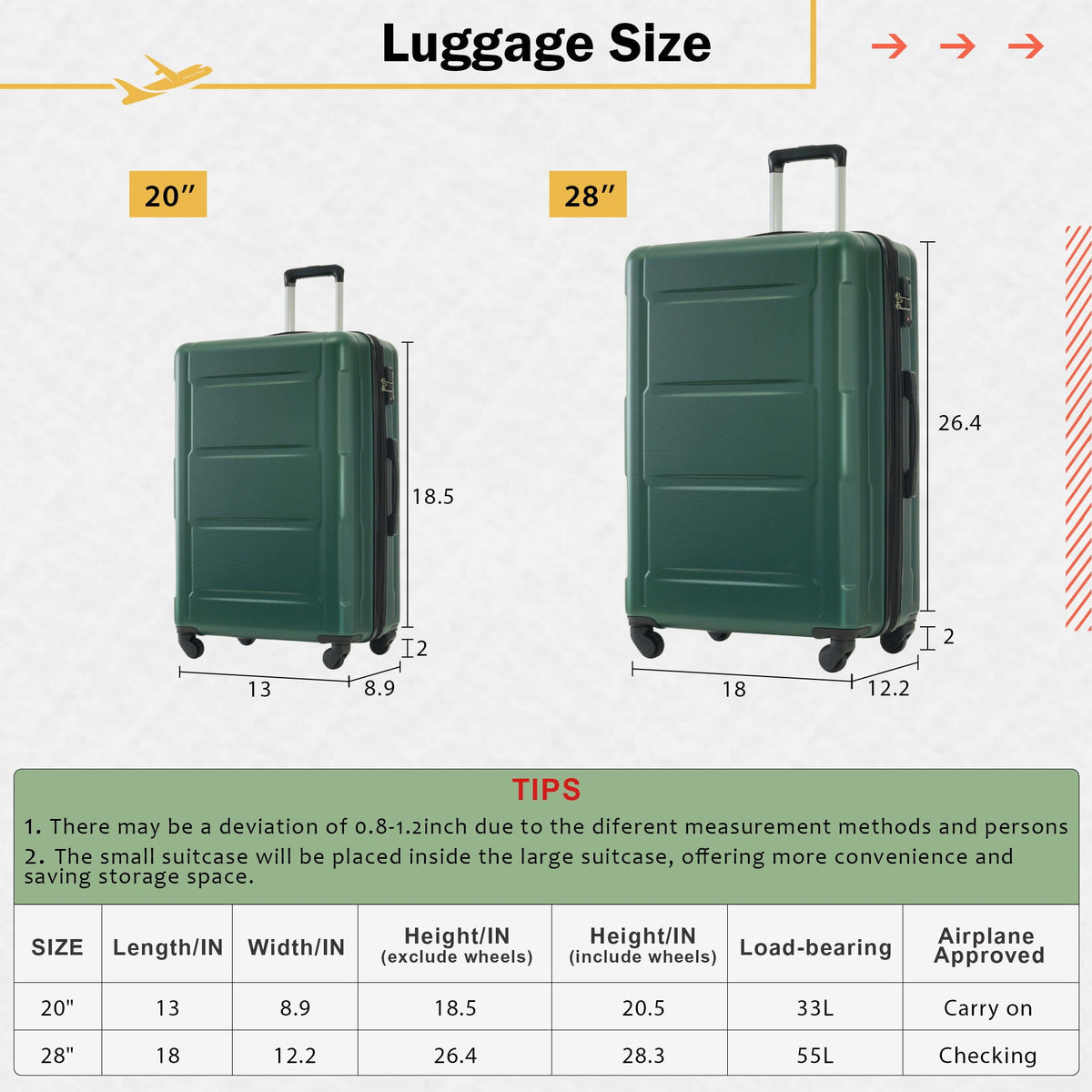 Expandable 2 Piece Luggage Set with TSA Lock and Spinner Wheels - Multiple Colors