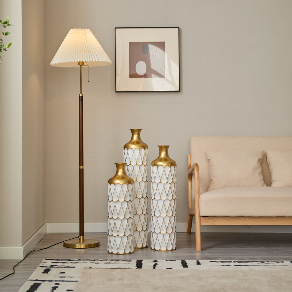 Modern Floor Metal Vase 3-Piece Set with Gold & White Finish