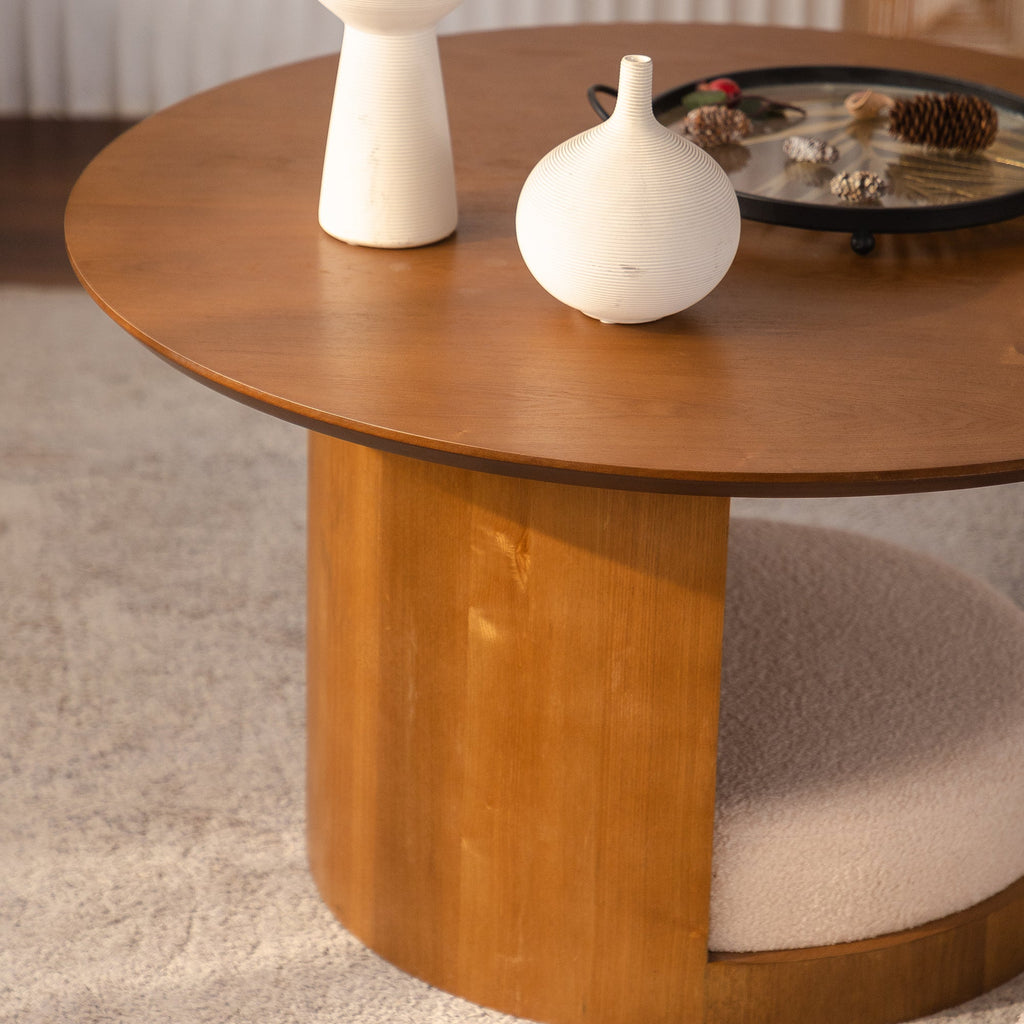 31.5" Round Wood Coffee Table with 3 Teddy Fabric Nesting Stools - Walnut