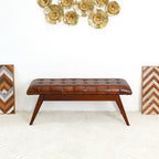 Cognac Genuine Leather Upholstered Bench with Solid Wood Frame - Dark Brown