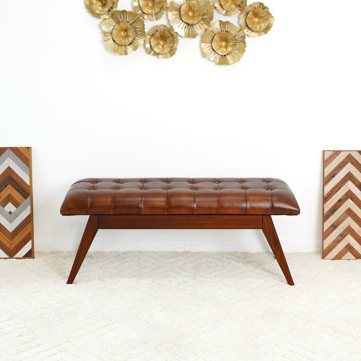 Cognac Genuine Leather Upholstered Bench with Solid Wood Frame - Dark Brown