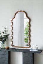 Wood Mirror With Unique Frame - Full-Length Arched Mirror with Pine Frame - Brown