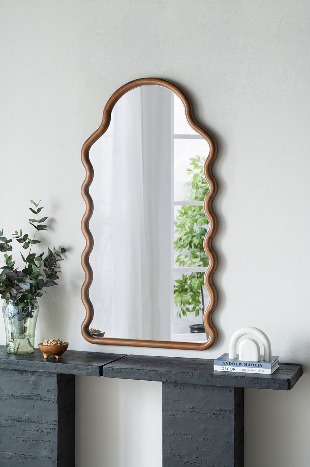 Wood Mirror With Unique Frame - Full-Length Arched Mirror with Pine Frame - Brown