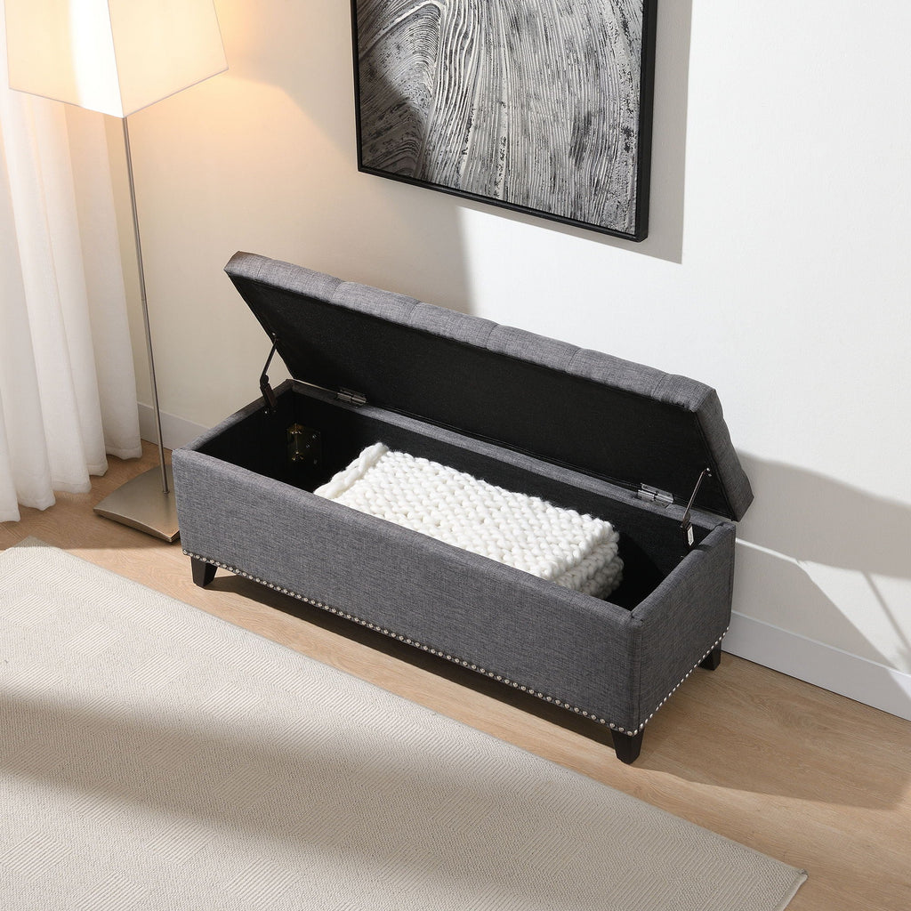 Button-Tufted Storage Ottoman with Safety Close Hinge - Beige or Dark Gray