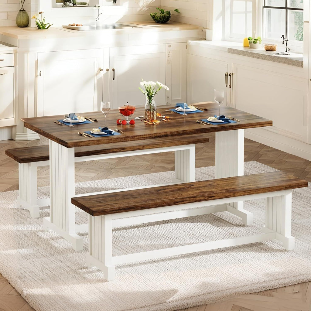 3 Piece Dining Table Set with Space Saving Benches - Brown / White