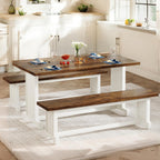 3 Piece Dining Table Set with Space Saving Benches - Brown / White