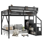 Queen Size Loft Bed with Stairs and Storage Shelves - Black