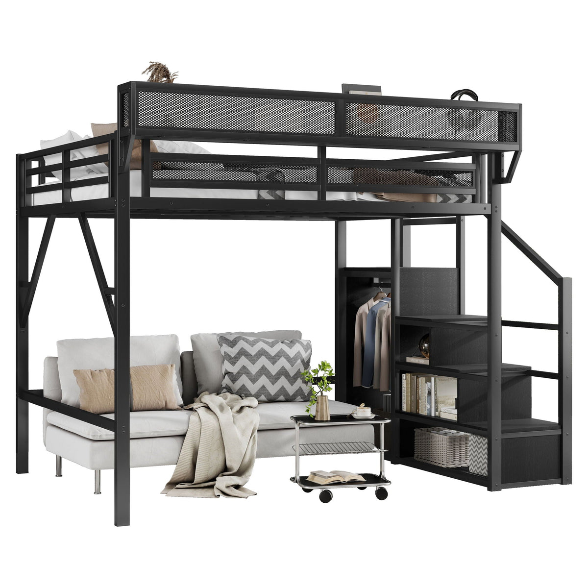 Queen Size Loft Bed with Stairs and Storage Shelves - Black