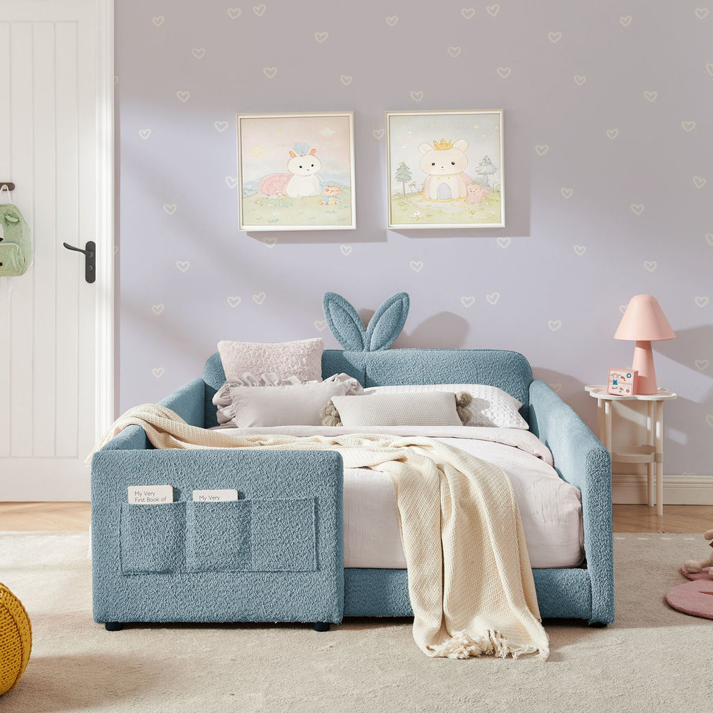 Cute Rabbit Ear Upholstered Platform Bed Frame with Safety Rail - Multiple Colors