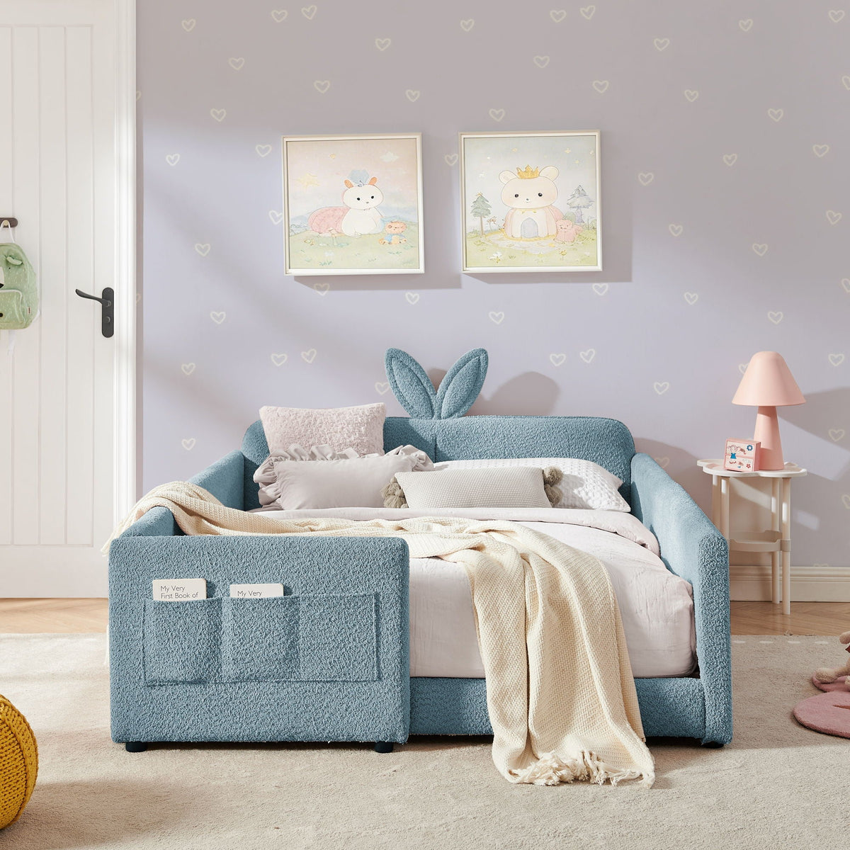 Cute Rabbit Ear Upholstered Platform Bed Frame with Safety Rail - Multiple Colors