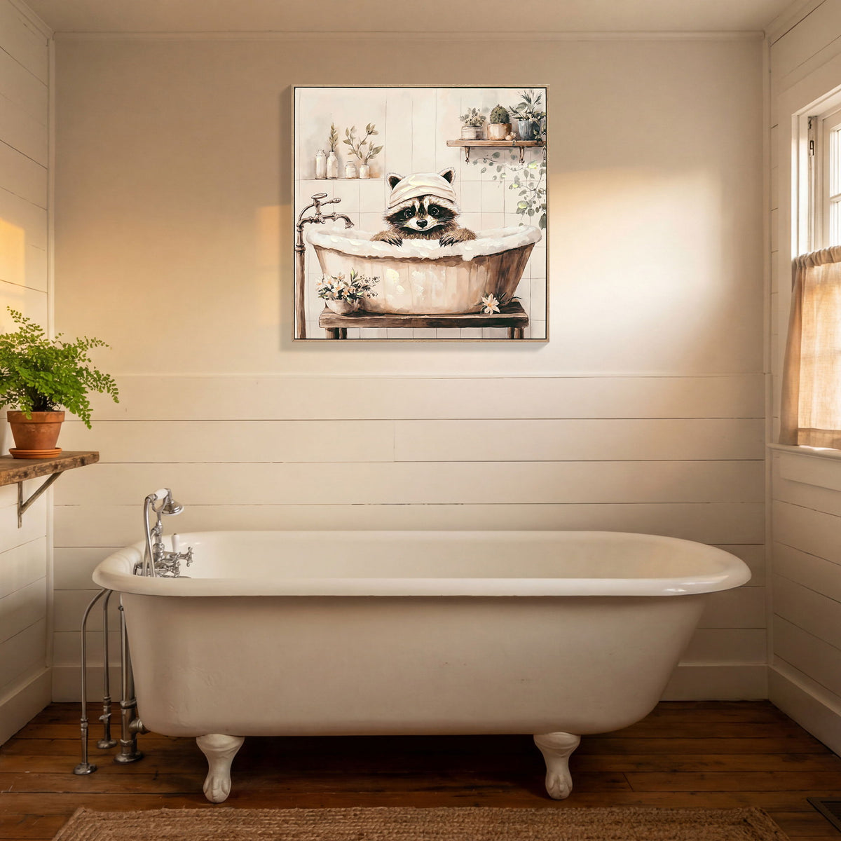 Raccoon Bathroom Canvas Wall Art with Hand-Painted Details - Black / Ivory