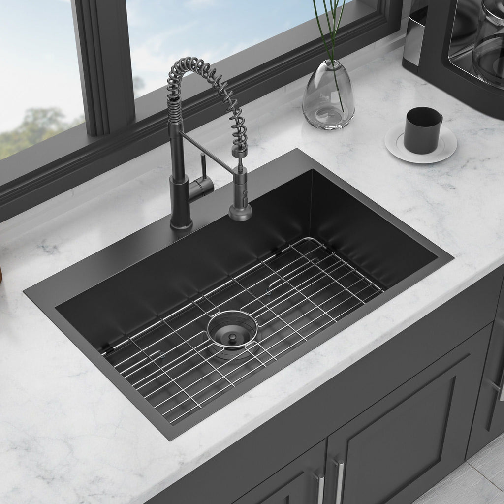 Drop In Kitchen Sink with Nano Technique Gunmetal Finish - Black