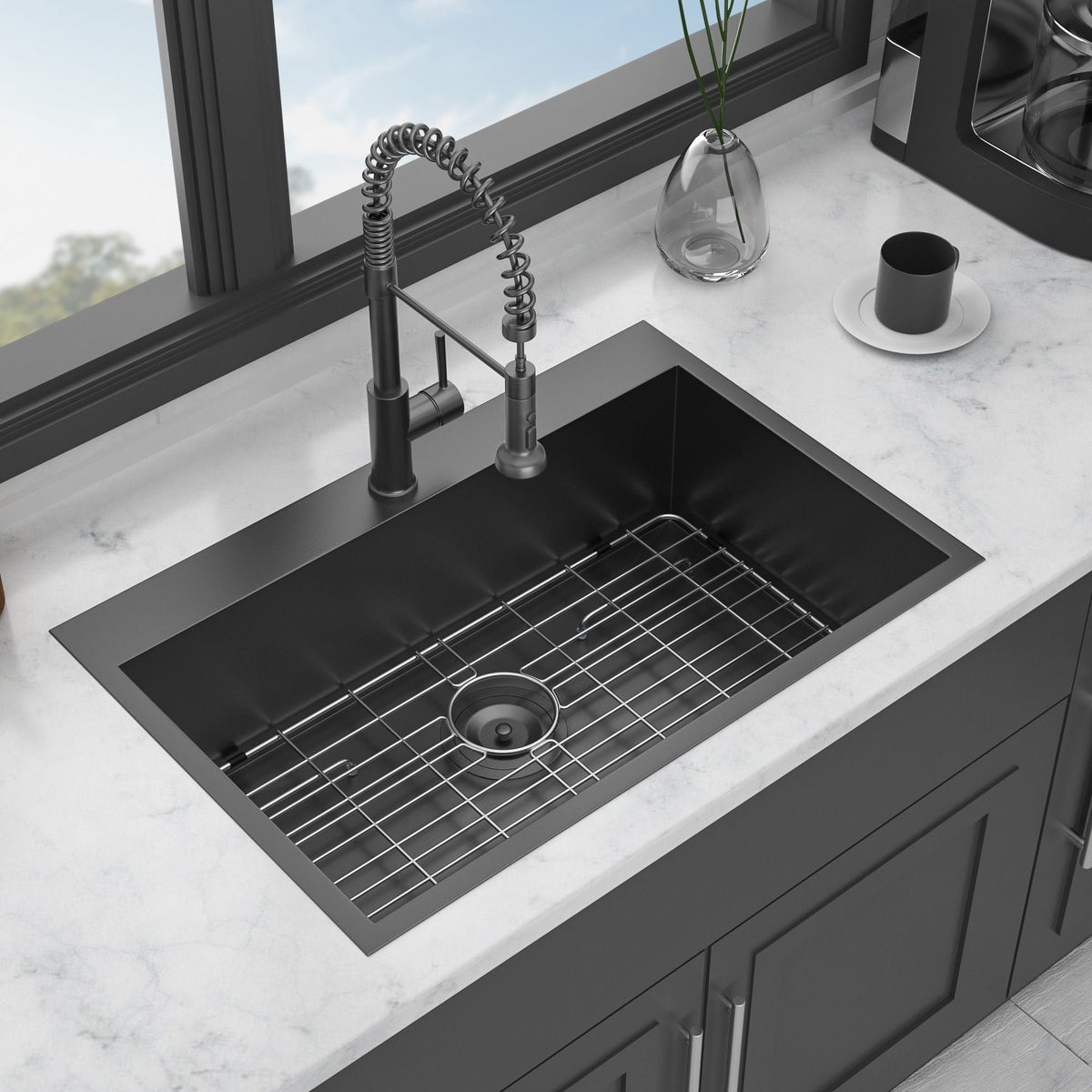 Drop In Kitchen Sink with Nano Technique Gunmetal Finish - Black