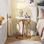 Round End Table with O-Shaped Base - White / Gold