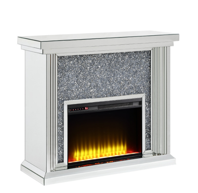 Mirrored Electric Fireplace with Faux Diamond Inlay - Silver