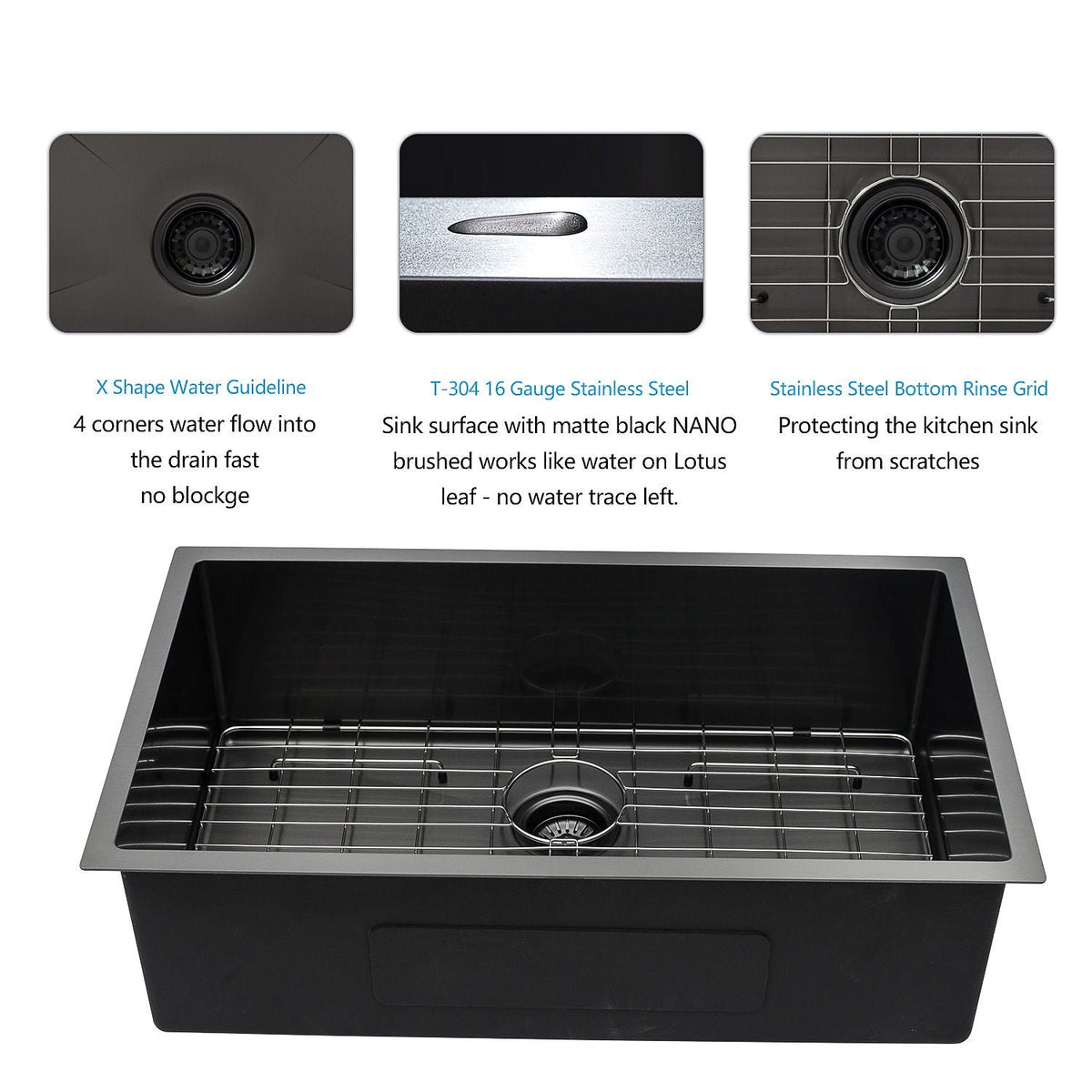 Black Undermount Kitchen Sink with Soundproof Pads - Stainless Steel