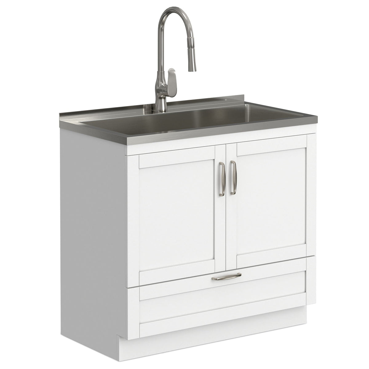 Deluxe Laundry Cabinet with Pull-Out Faucet and Stainless Steel Sink - White