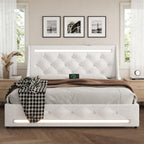 Wingback Upholstered Bed Frame with LED Lights and Charging Station - Black or White