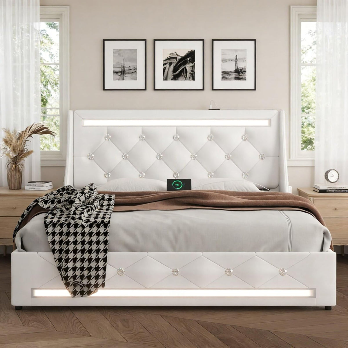Wingback Upholstered Bed Frame with LED Lights and Charging Station - Black or White