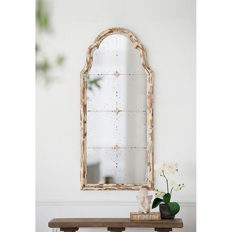 Large & Framed Arched Wall Mirror with Decorative Window Design - Cream