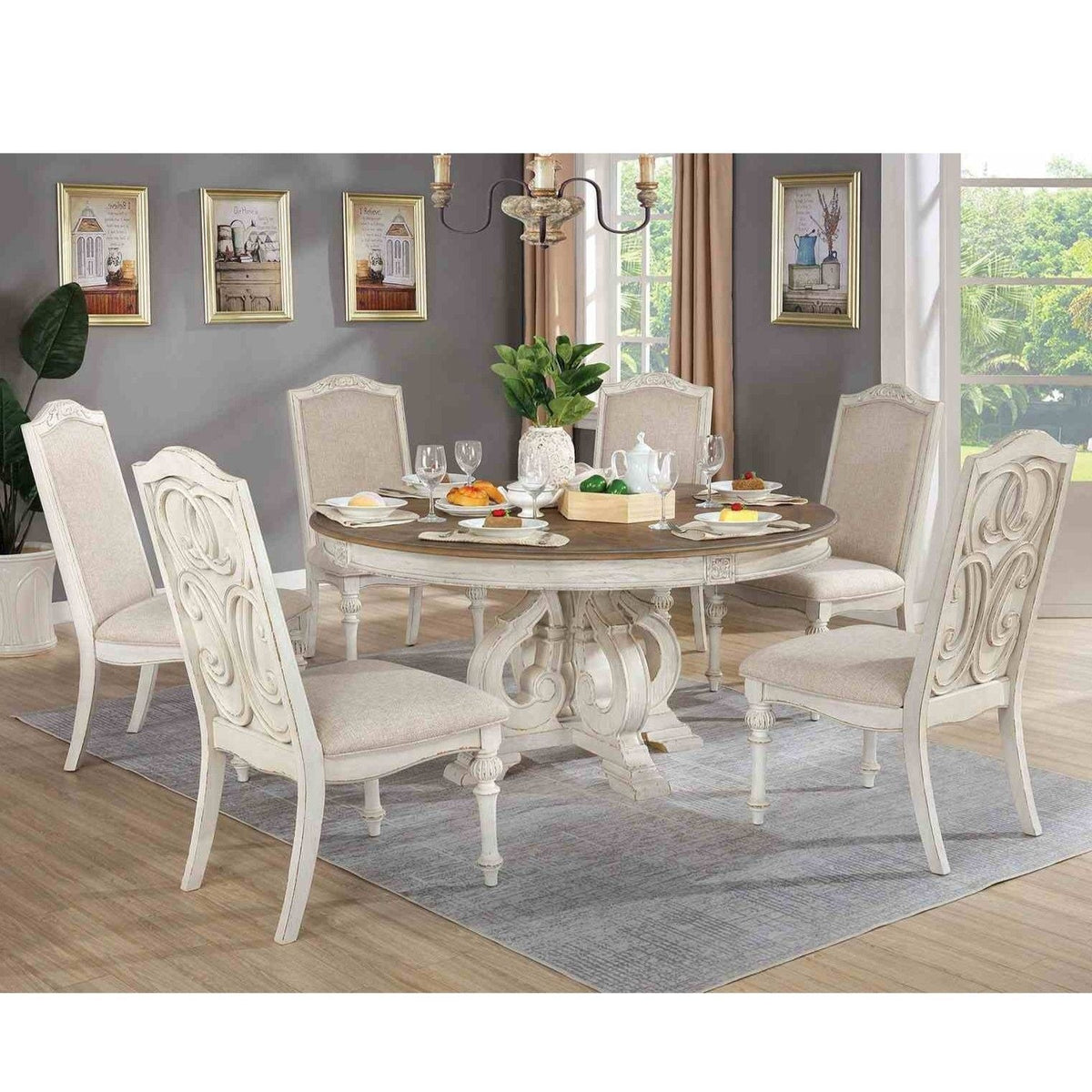 Elegant Round Dining Set with Upholstered Chairs - Dark Brown or White