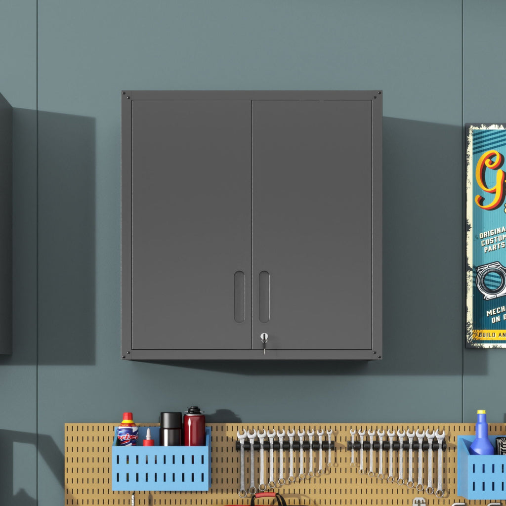 Metal Wall Mounted Tool Storage Cabinet with 2 Locking Doors and Adjustable Shelf - Gray or Black