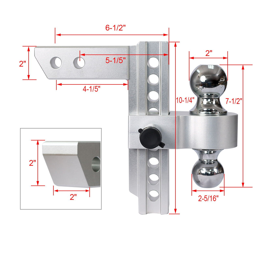 Aluminum Adjustable Trailer Drop Hitch with 8" Drop - Silver