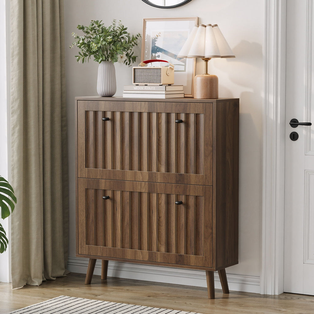 Walnut Shoe Cabinet Storage Unit with Tiered Storage - Dark Brown