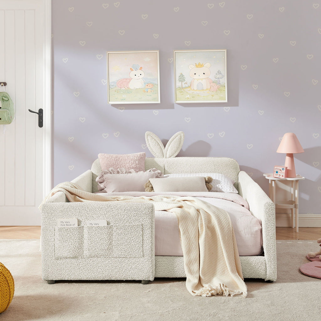 Cute Rabbit Ear Upholstered Platform Bed Frame with Safety Rail - Multiple Colors