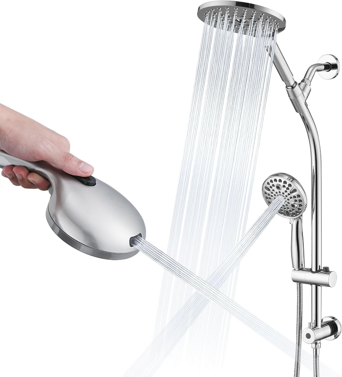High Pressure Dual Shower Head Set with Adjustable Slide Bar - Silver