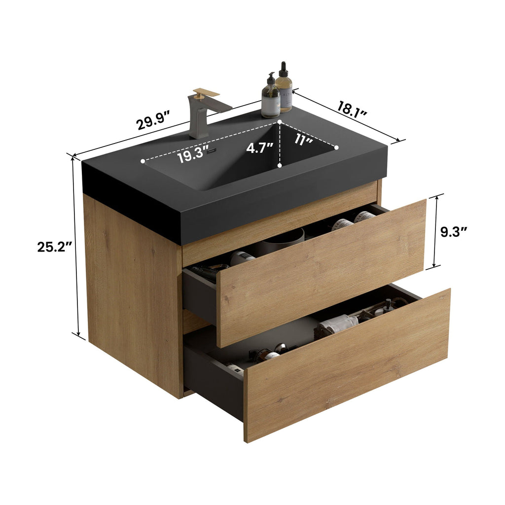 Natural Oak Bathroom Vanity with Floating Quartz Sink - Light Brown