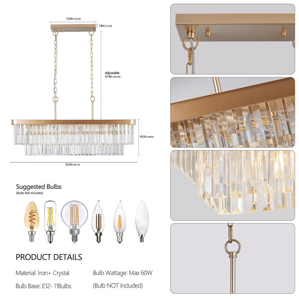 Rectangular Crystal Chandelier with Adjustable Height - Gold