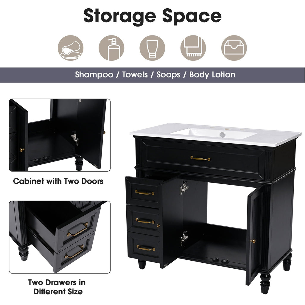 Bathroom Vanity With Sink and Drawers - Freestanding Solid Wood Cabinet