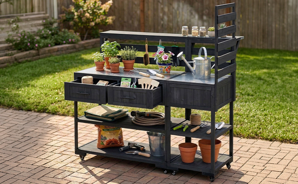 Solid Wood Patio Kitchen Island with Stainless Steel Top - Available in Black, Brown, or Gray