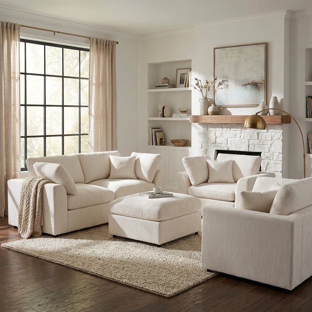 Chenille 4-Piece Sofa Set with Accent Chairs and Movable Ottoman - Grey