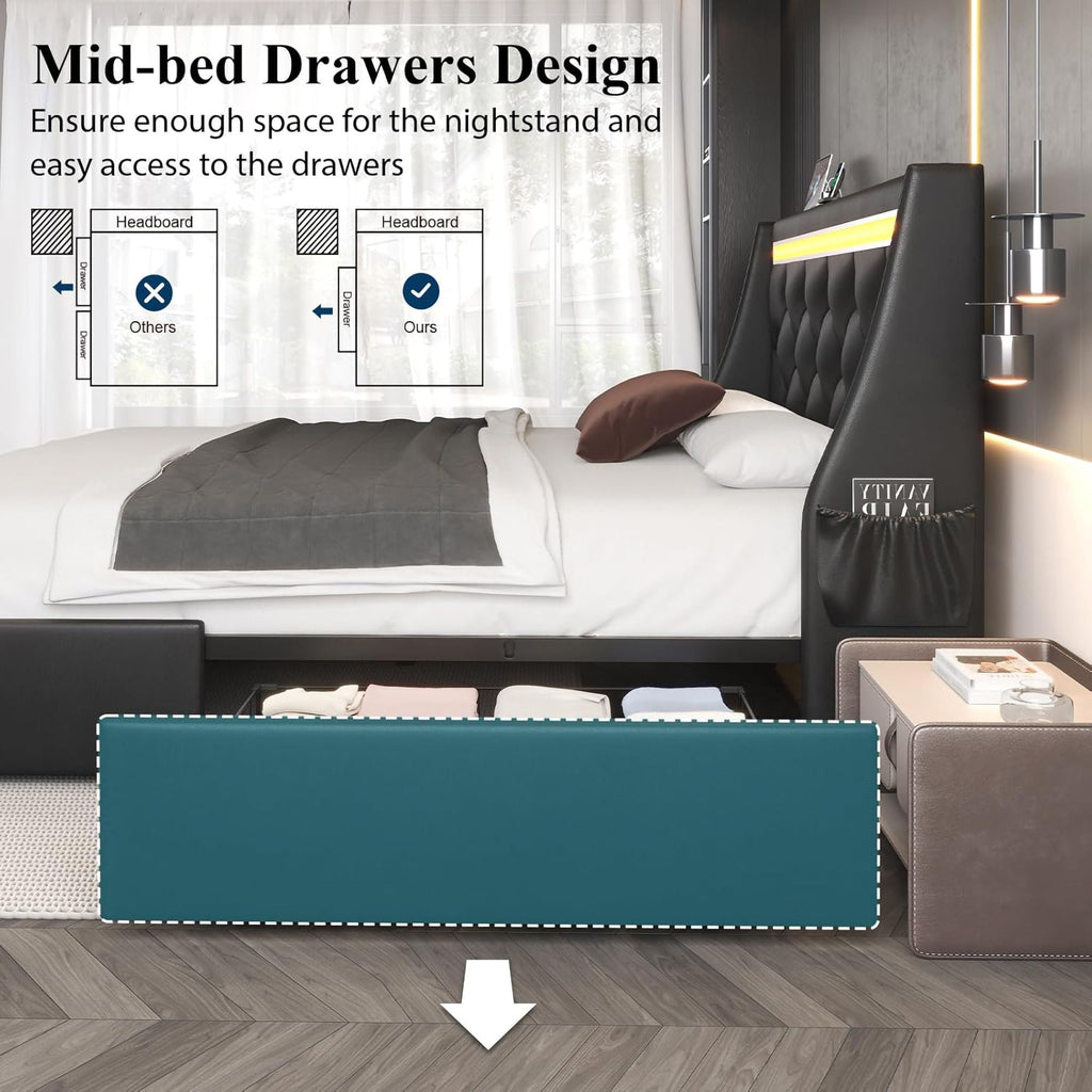 Wingback Upholstered Bed Frame with LED Lights and Charging Station - Black or White