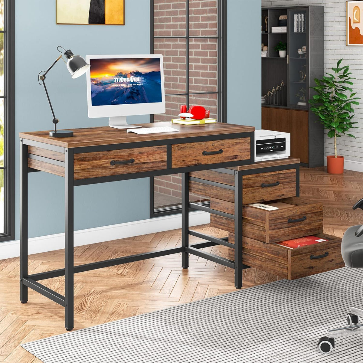 Computer Desk with Reversible 5 Drawer Storage - White or Light Brown