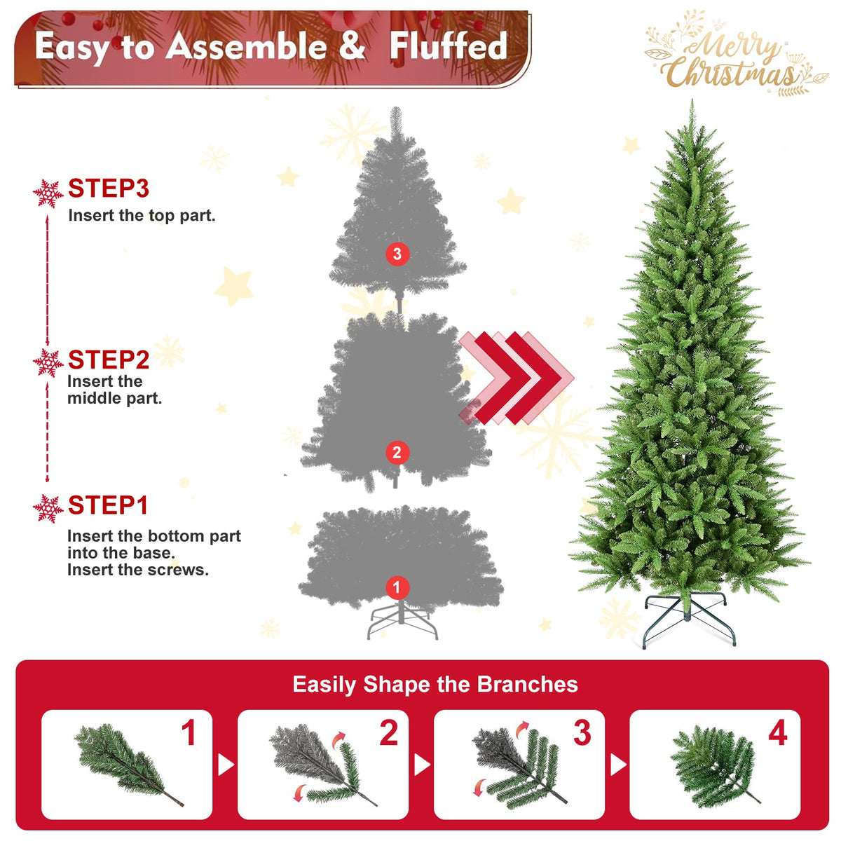 6FT Slim Christmas Tree with Hinged Branches - Green