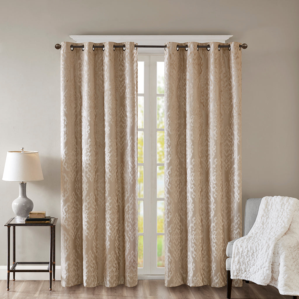 Knitted Jacquard Damask Total Blackout Grommet Top Curtain Panel - Champagne