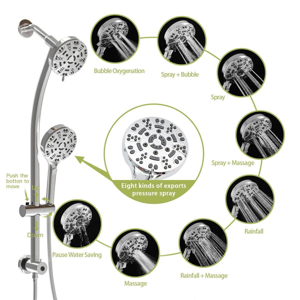 Dual Shower Head System with Rain Shower and Adjustable Slide Bar - Multiple Colors