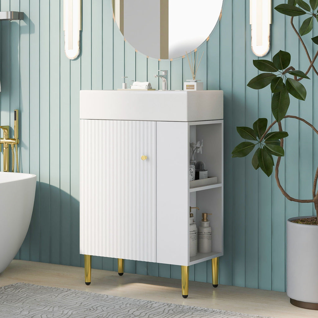 Bathroom Vanity with Single Ceramic Sink and Side Storage - Multiple Colors