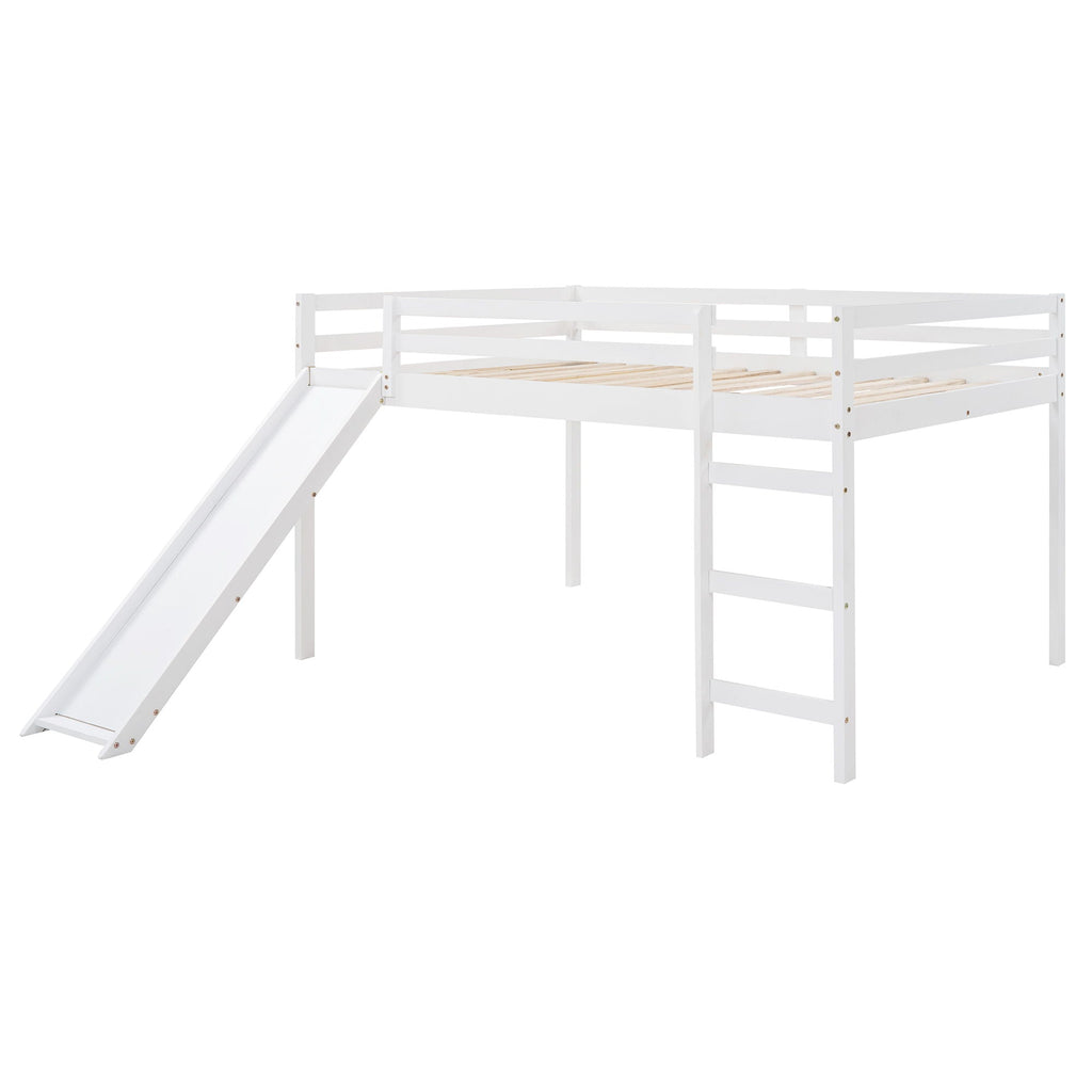 White Full Loft Bed with Slide - Multifunctional Design