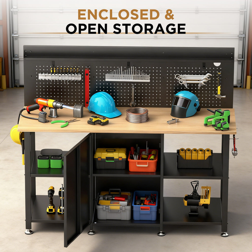 Workbench with Storage Cabinet and Pegboard with Power Outlet - Black