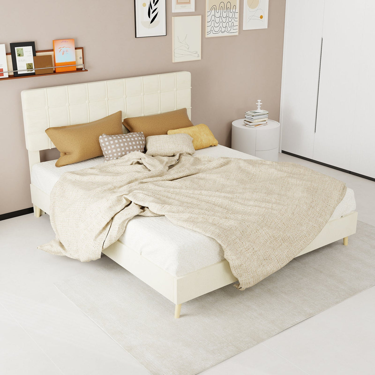 Modern Upholstered Queen Bed Frame with Tufted Headboard – Holland Velvet