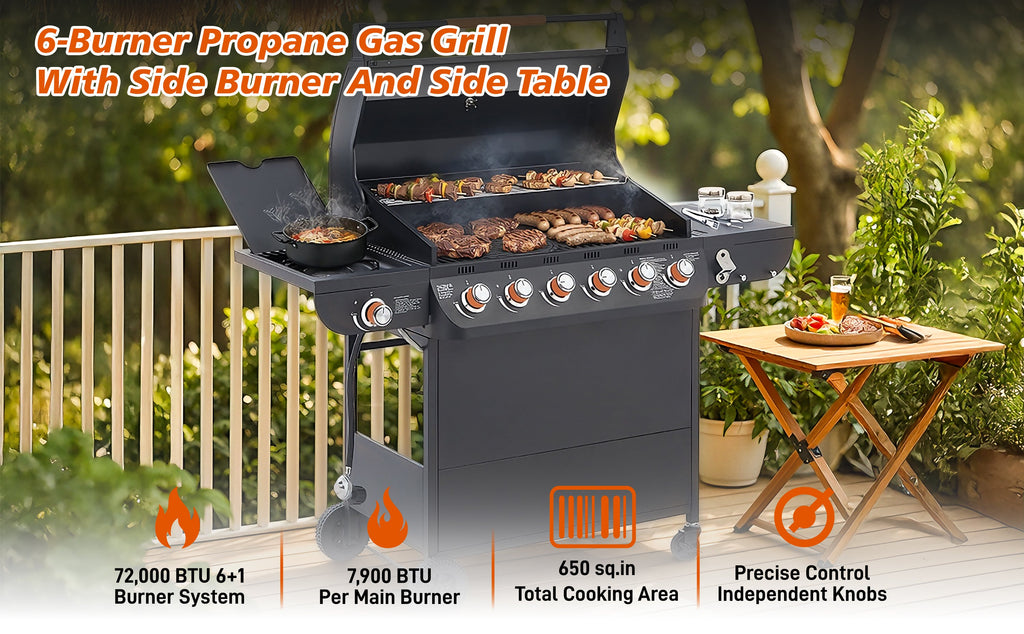 6 Burner Gas Grill with Side Burner - Black